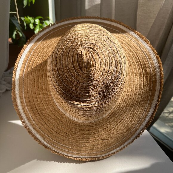 Kensie Straw Beach Hat with Hand painted White Stripes - So Chic! - Picture 2 of 14